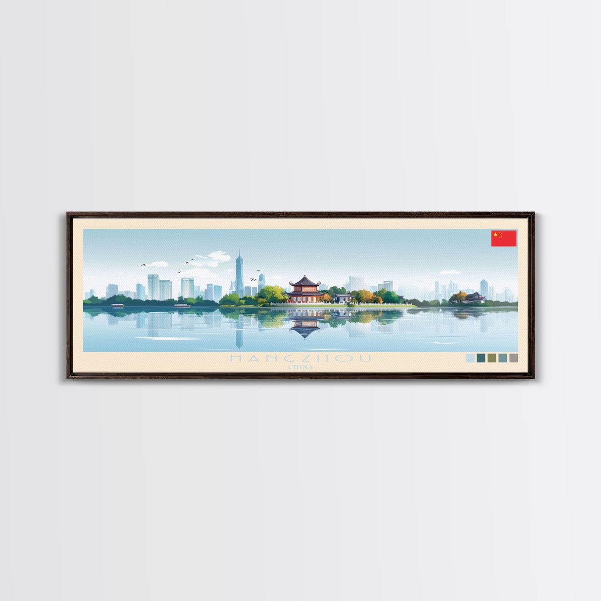 Hangzhou, China Panoramic Travel Poster Canvas Print, Hangzhou, China Painting, China Art, Hangzhou Panoramic Travel Art, Travel Painting