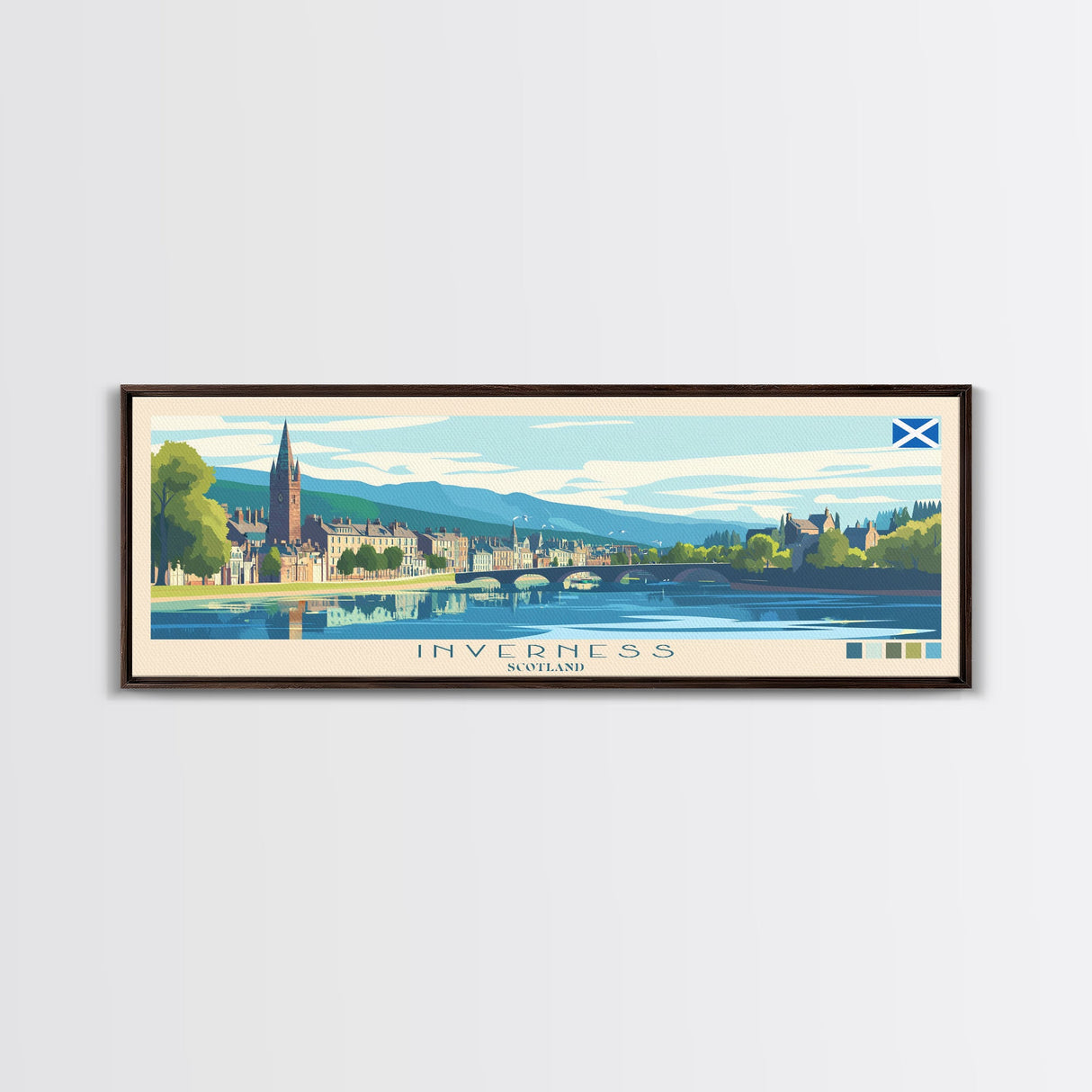 Inverness, Scotland Panoramic Travel Poster Canvas Print, Inverness, Scotland Painting, Scotland Art, Inverness Travel Art, Living Room Painting