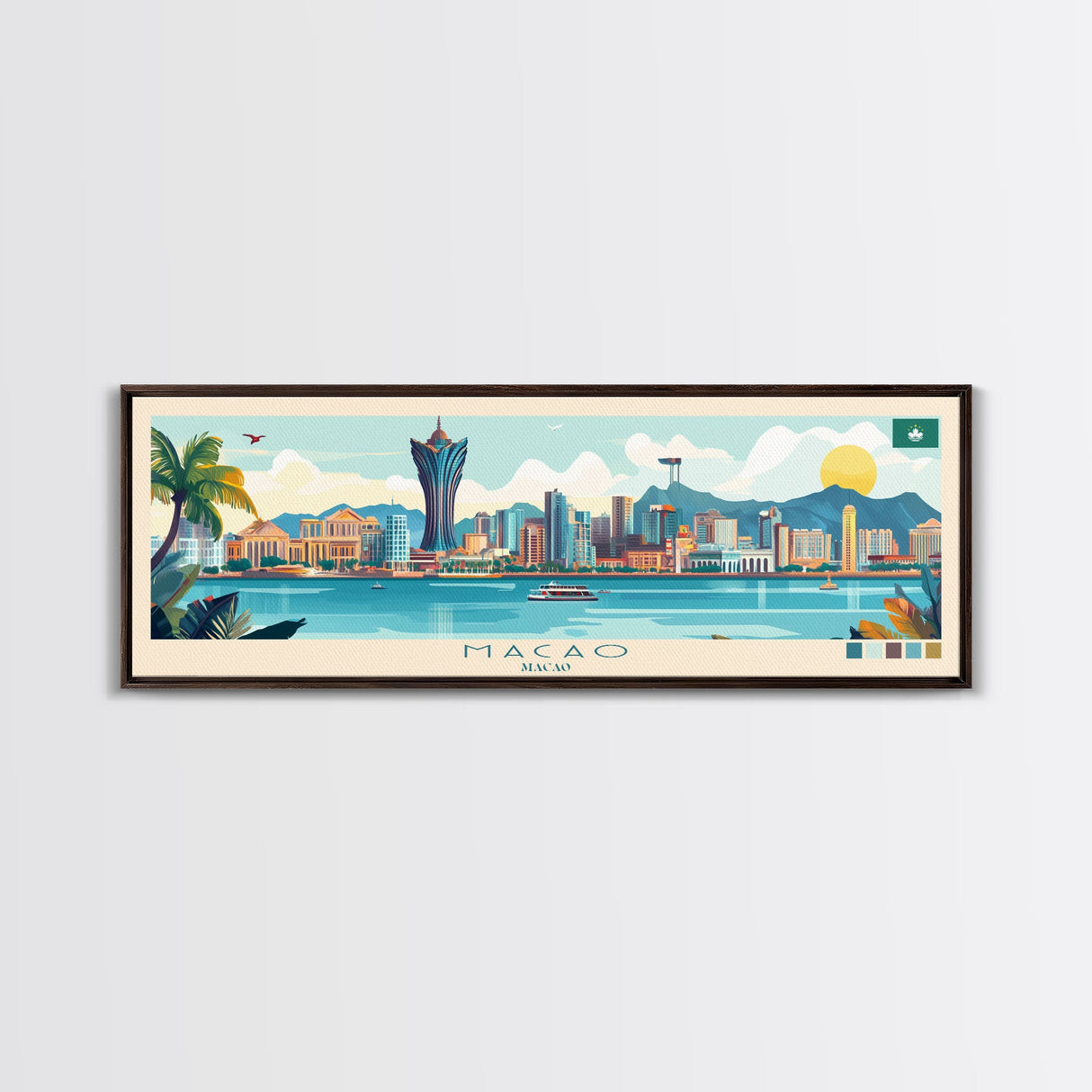 Macao, Macao Panoramic Travel Poster Canvas Print, Macao, Macao Painting, Macao Art, Macao Panoramic Travel Art, Travel Painting