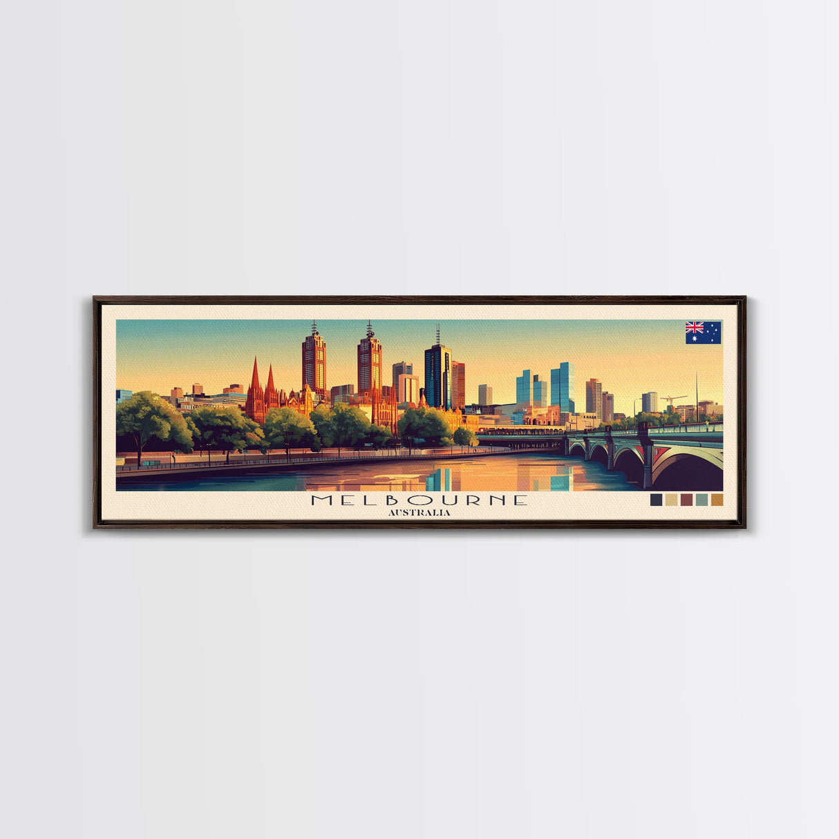 Melbourne, Australia Panoramic Travel Poster Canvas Print, Melbourne, Australia Painting, Australia Art, Melbourne Travel Art, Living Room Painting