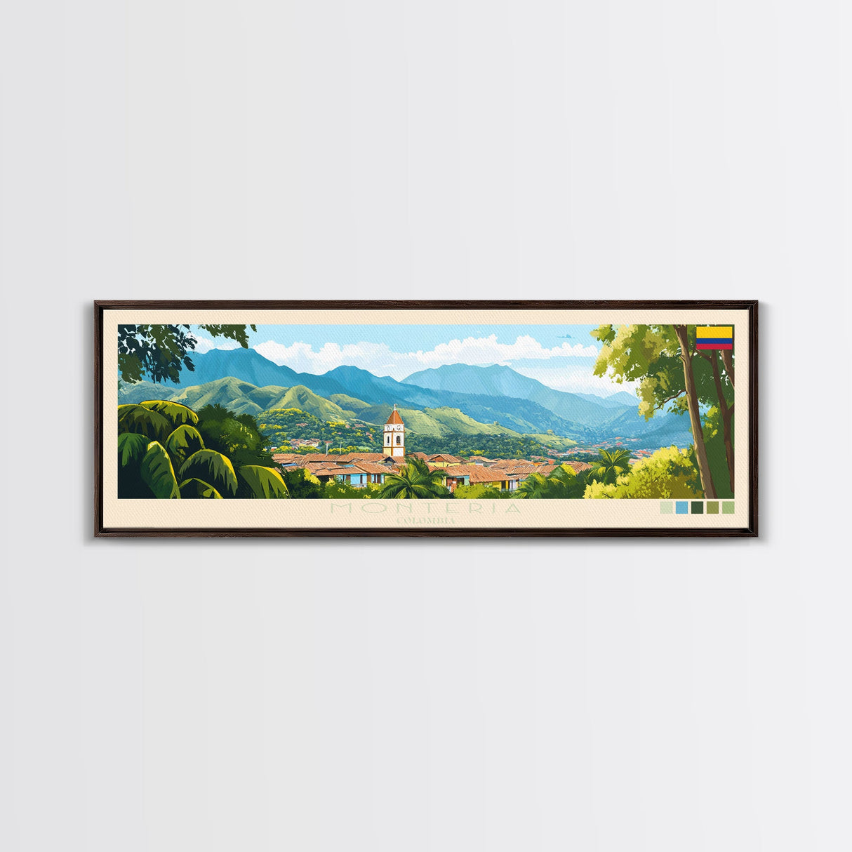 Monteria, Colombia Panoramic Travel Poster Canvas Print, Monteria, Colombia Painting, Colombia Art, Monteria Panoramic Travel Art, Travel Painting