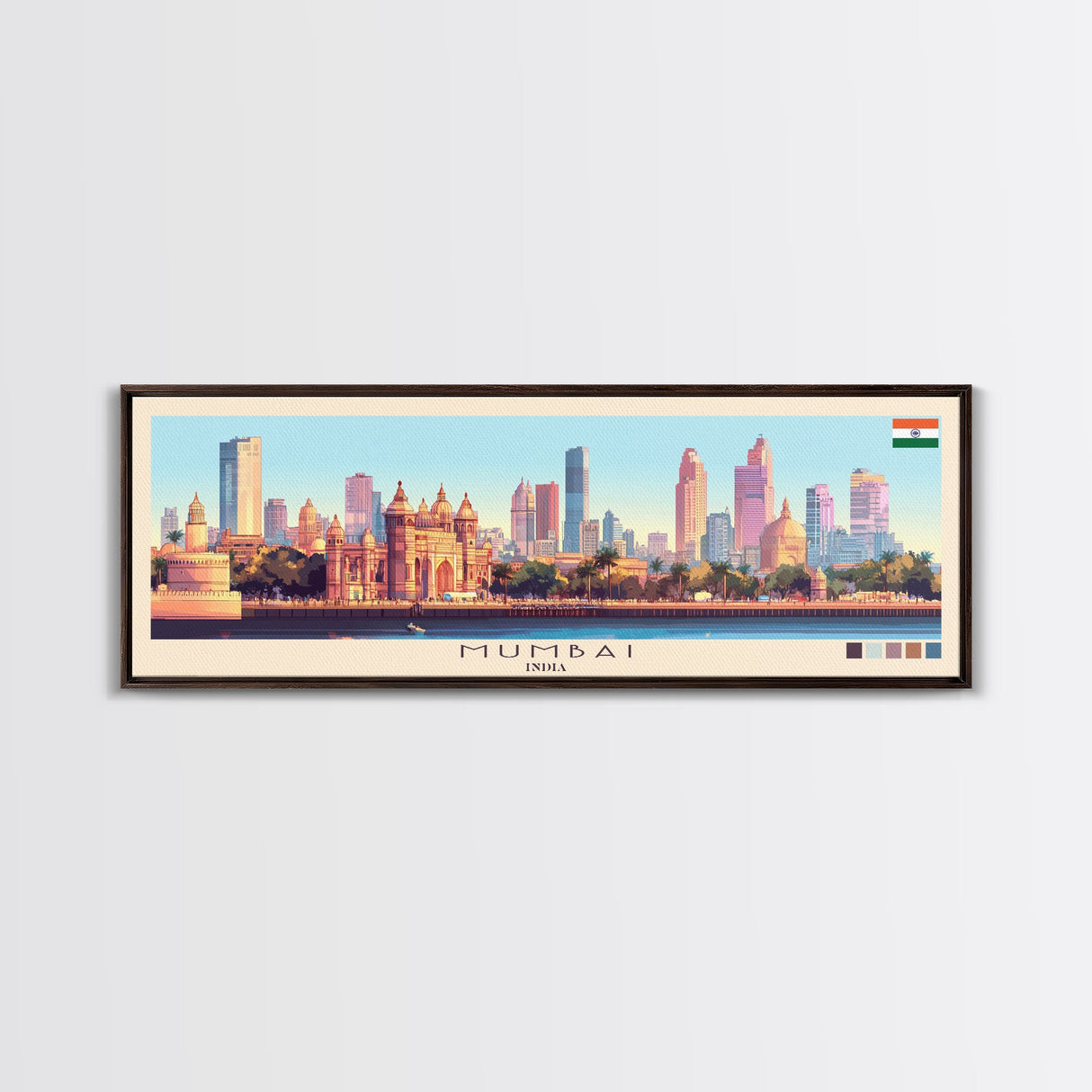 Mumbai, India Panoramic Travel Poster Canvas Print, Mumbai, India Painting, India Art, Mumbai Travel Art, Guest Room Painting