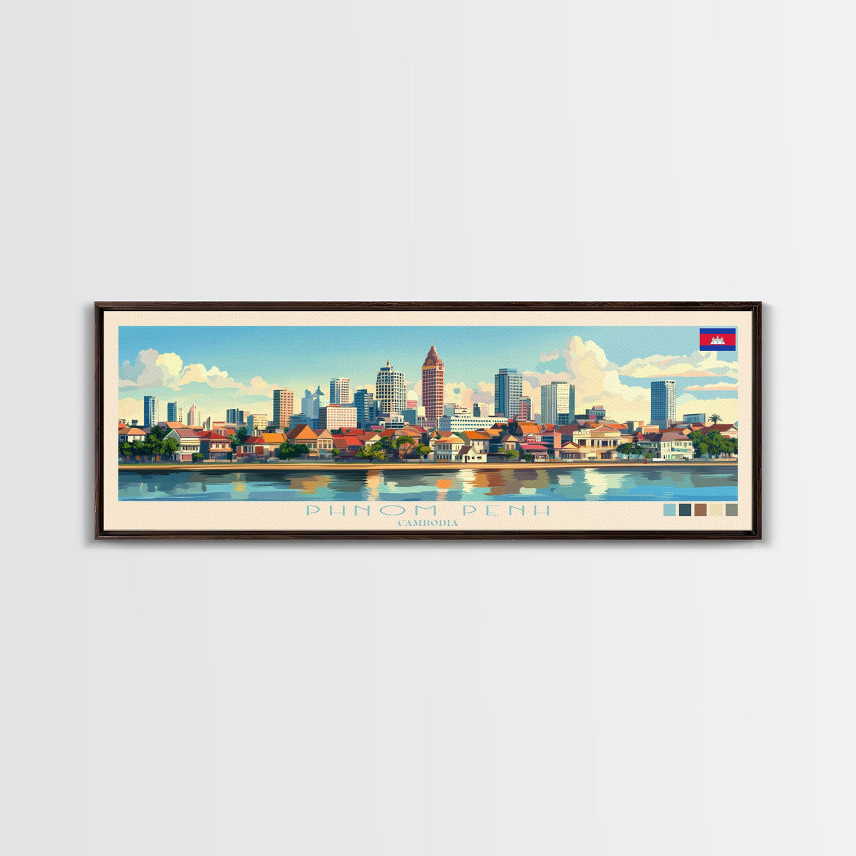 Phnom Penh, Cambodia Panoramic Travel Poster Canvas Print, Phnom Penh, Cambodia Painting, Cambodia Art, Phnom Penh Travel Art, Guest Room Painting