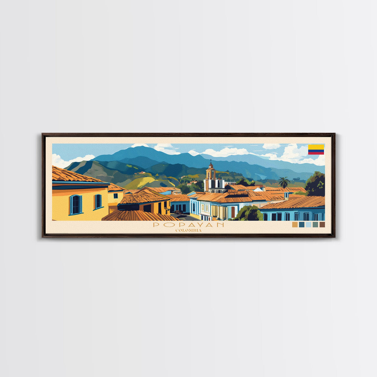 Popayan, Colombia Panoramic Travel Poster Canvas Print, Popayan, Colombia Painting, Colombia Art, Popayan Panoramic Travel Art, Travel Painting