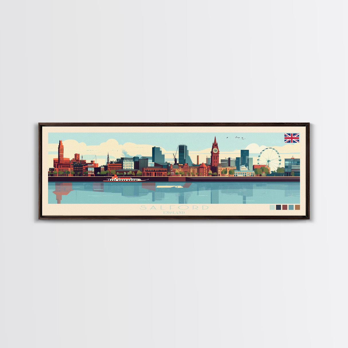 Salford, England Panoramic Travel Poster Canvas Print, Salford, England Painting, England Art, Salford Travel Art, Guest Room Painting