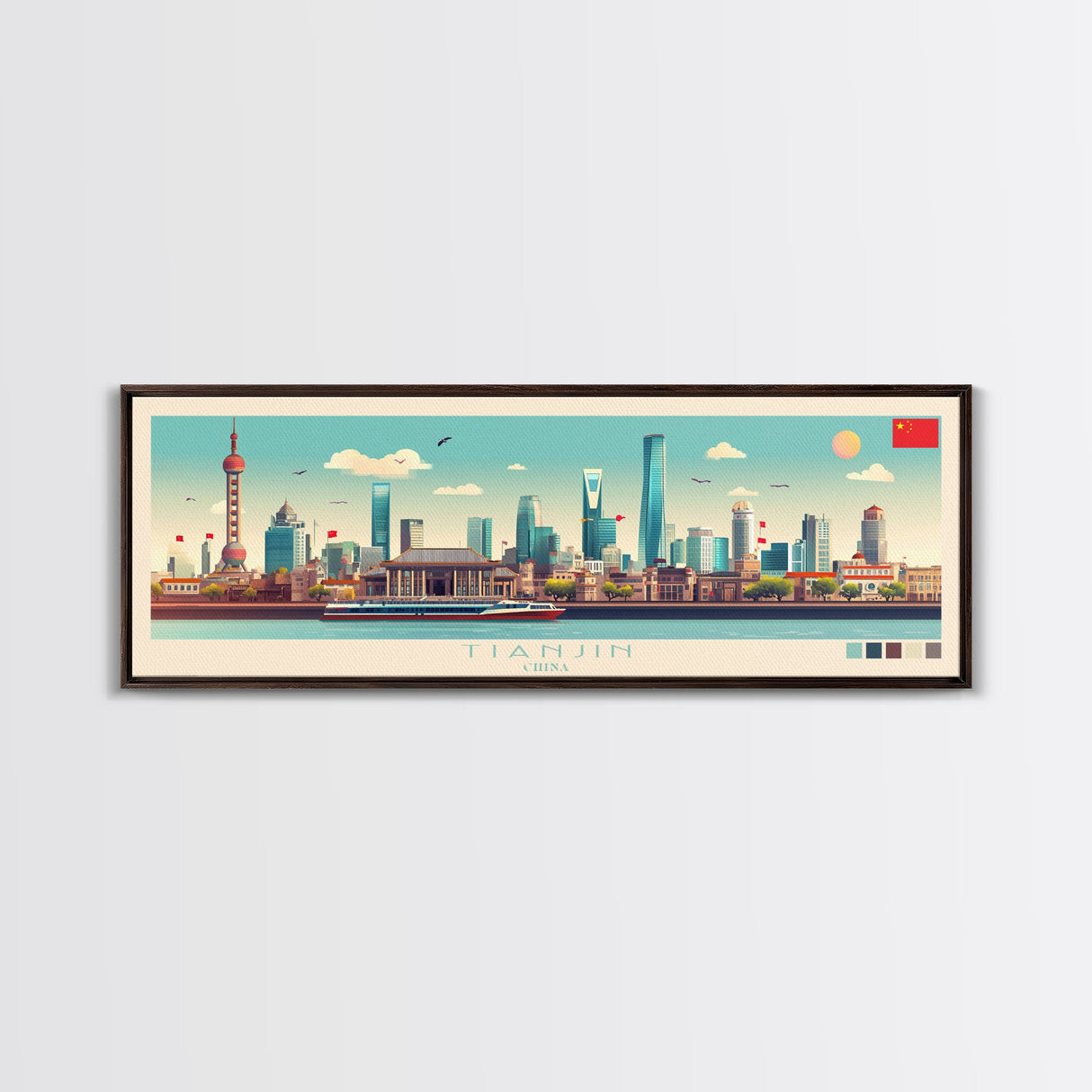 Panoramic Travel Poster Tianjin, China Canvas Print, Tianjin, China Painting, China Art, Tianjin Travel Art, Guest Room Painting