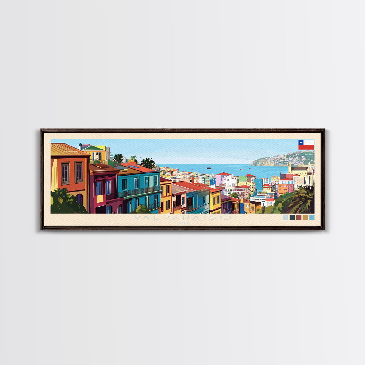 Valparaiso, Chile Panoramic Travel Poster Canvas Print, Valparaiso, Chile Painting, Chile Art, Valparaiso Panoramic Travel Art, Travel Painting