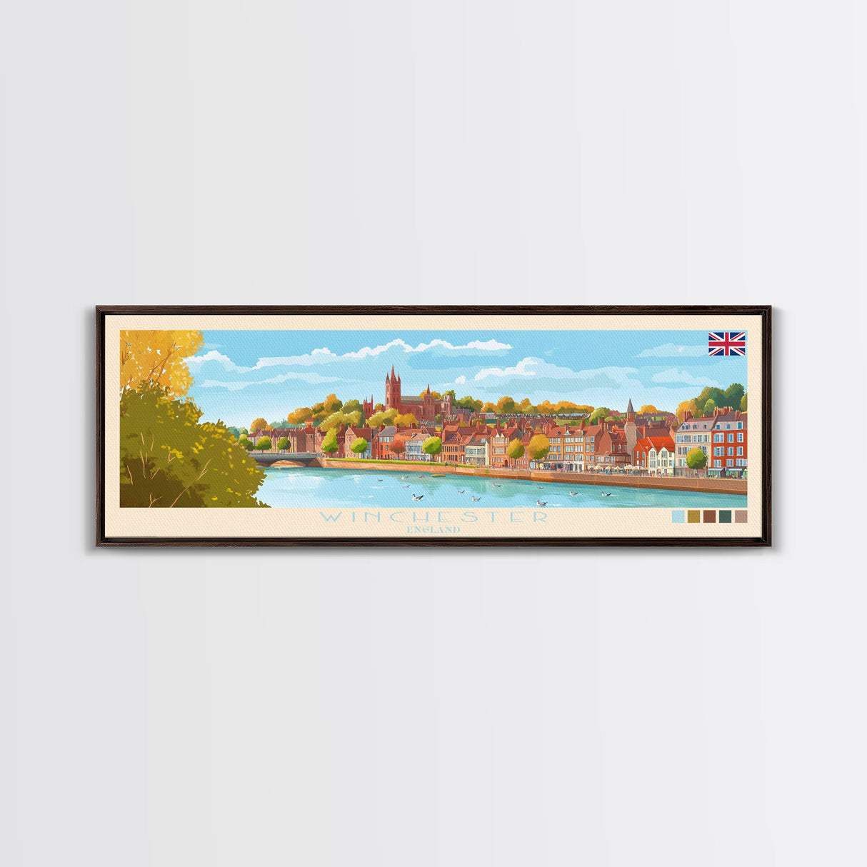 Winchester, England Travel Poster Panoramic Canvas Print, Winchester, England Painting, England Art, Winchester Travel Art, Guest Room Painting