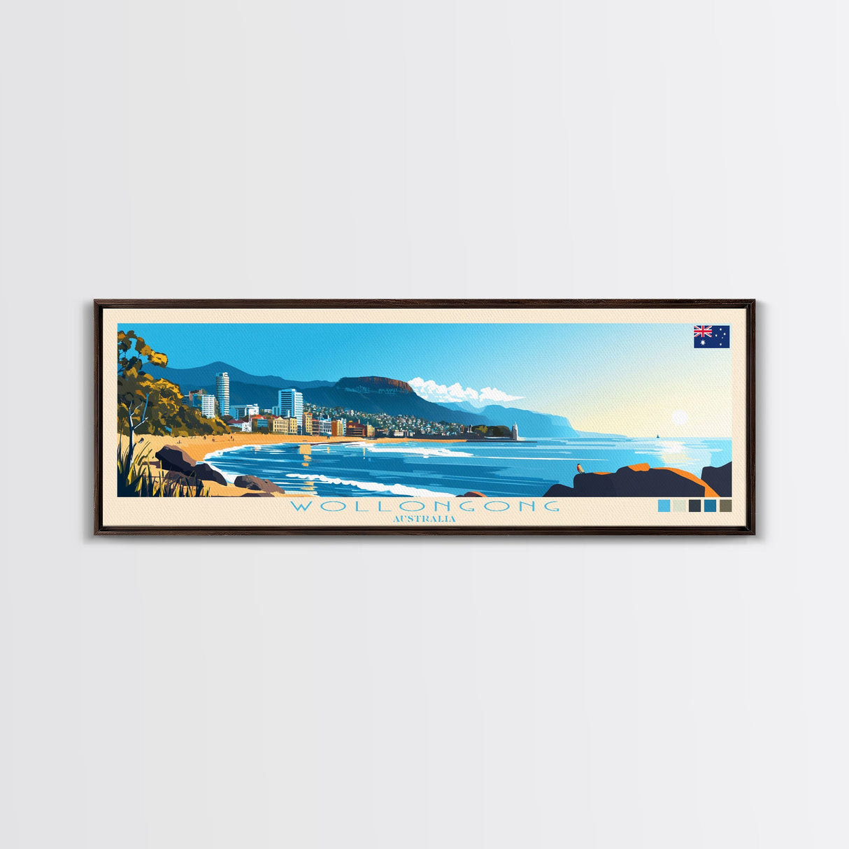 Panoramic Travel Poster Wollongong, Australia Canvas Print, Wollongong, Australia Painting, Australia Art, Wollongong Travel Art, Guest Room Painting