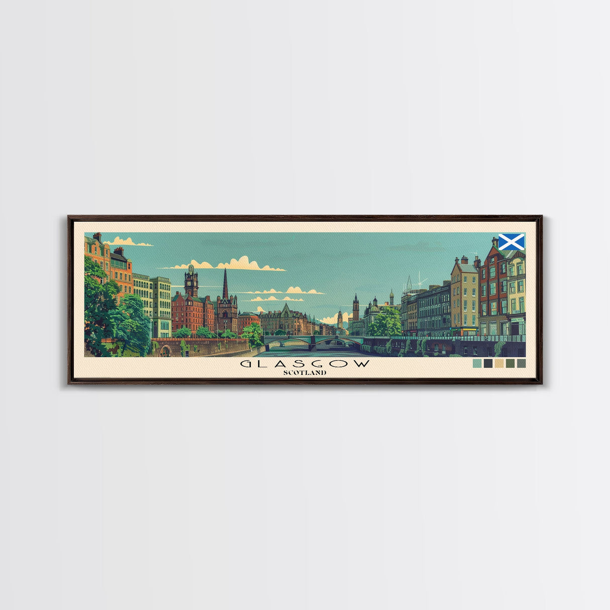 Glasgow, Scotland Panoramic Canvas Print, Glasgow, Scotland Painting, Scotland Art, Glasgow Travel Poster, Travel Art, Living Room Painting