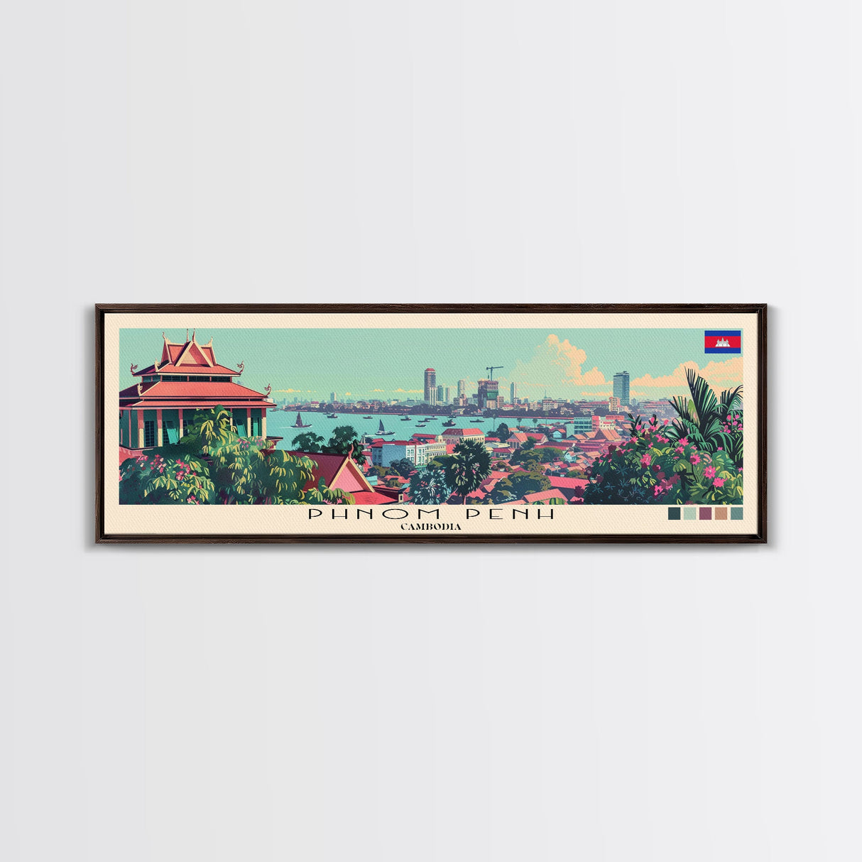 Phnom Penh, Cambodia Panoramic Canvas Print, Phnom Penh, Cambodia Painting, Cambodia Art, Phnom Penh Travel Poster, Travel Art, Guest Room Painting