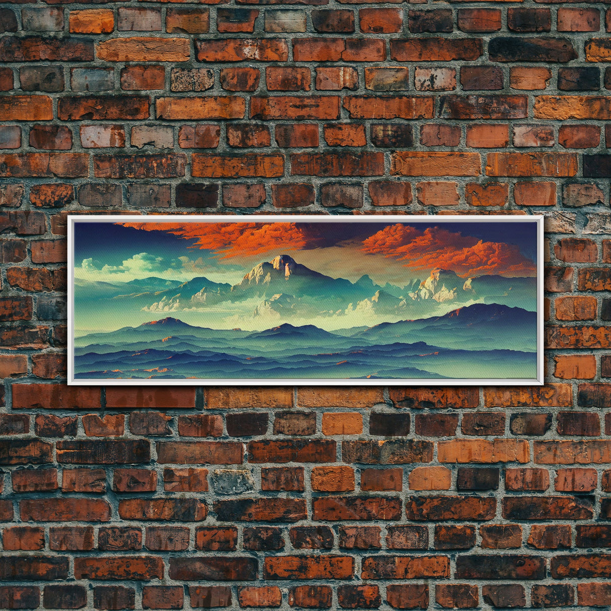 Beautiful Fantasy Mountain Landscape With Orange Clouds, Framed Canvas Print, Ready To Hang Panoramic Wall Decorr