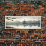 Panoramic Framed Canvas Print of Misty Fog Covered Lake and Pine Tree Forest, Perfect for Living Room, Bedroom, Fog Covered Lake