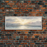 Whimsical Beach Sunset Art Watercolor, Framed Canvas Print, Panoramic Lakehouse Art, Light Pastels, Ultra Wide Format Above Bed Art