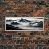 Panoramic Framed Canvas Print of Watercolor Snowy Mountain Lake Reflection Landscape Painting, Unique Landscape Wall Art