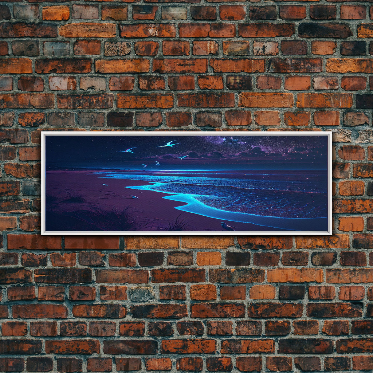 Night Moves, Retro Synthwave Beach Art, Framed Canvas Print, Starry night sky over the pacific ocean