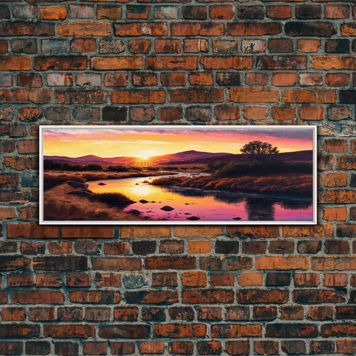 Vibrant Orange Mountain Sunset Panoramic Framed Canvas Print, Colorful Nature Landscape, Cool Wall Art