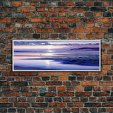 Panoramic Framed Watercolor Beach Landscape Canvas Print - Colorful Clouds & Waves | Seascapes Wall Art | Sunset Over The Ocean