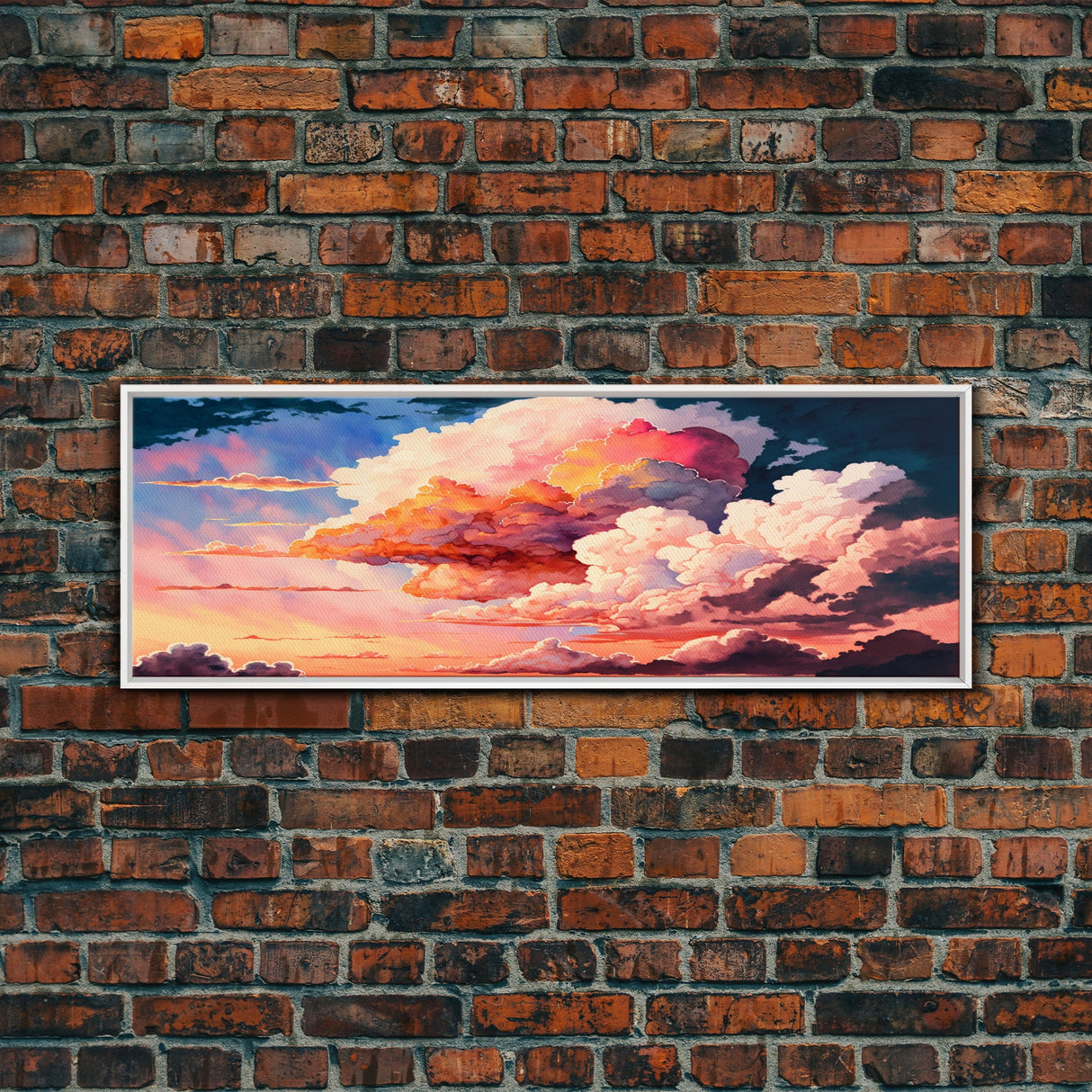 Panoramic Framed Canvas Print of Watercolor Panoramic Landscape Painting of Red & Pink Clouds at Sunset, Framed Wall Art