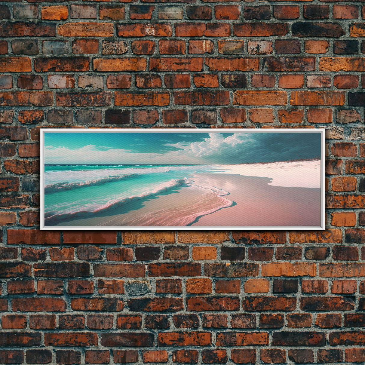 Panoramic Framed Canvas Print of Watercolor Beach Sunset Landscape Painting, Blue Ocean Waves, Tranquil Art, Peaceful Art