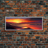 Panoramic Framed Canvas Print - Watercolor Desert Landscape Painting - Vibrant Sunset - Wall Art for Living Room, Bedroom