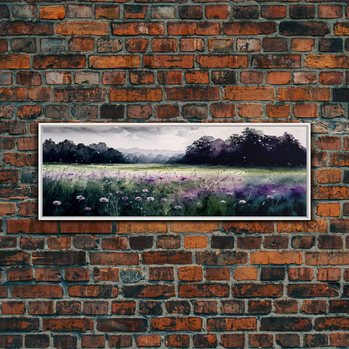 Panoramic Framed Canvas Print - Watercolor Purple Flower Field Landscape - Perfect for Living Room, Bedroom, Office, Guest Room Art