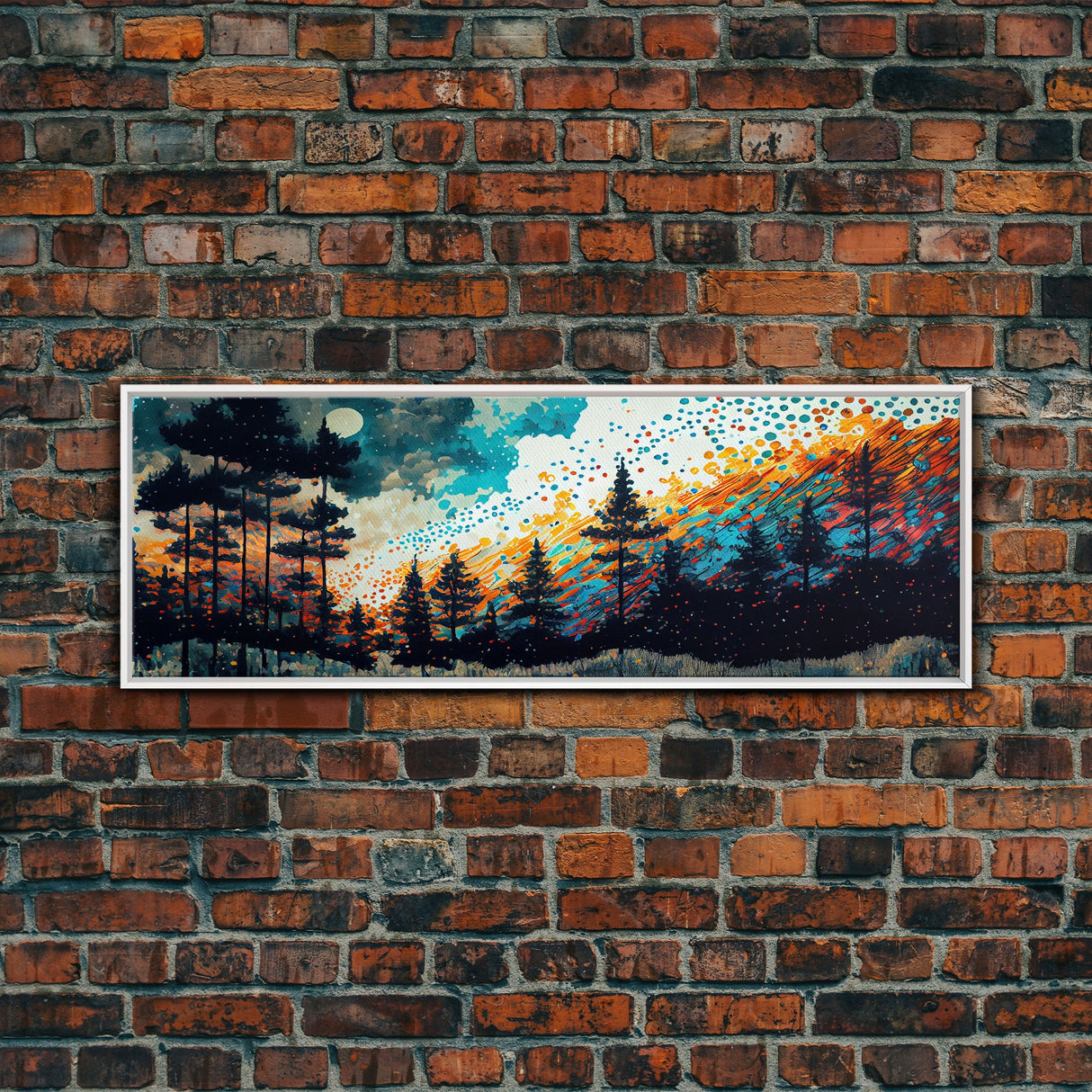 Extra large 24 x 72 wall art, framed canvas print, abstract pine tree forest painting, painting of a forest fire against a starry night sky