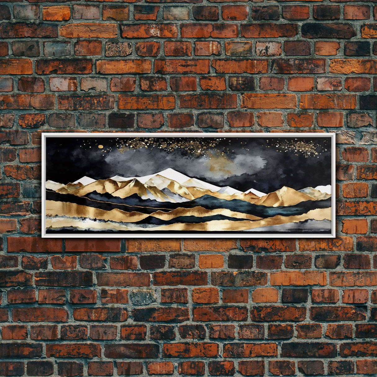 Black & Gold Mountain Landscape Painting, Framed Canvas Print, Panoramic Art, Extra Wide Art, Center Piece Decor, Above Fireplace or Sofa