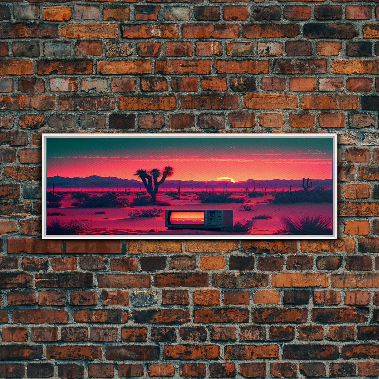 Surrealist Art, Retro TV Abandoned In The Desert, Statement Piece, but what? -  Framed Canvas Print - Synthwave Sunset Desert Art