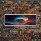 Beautiful Science Fiction Wall Art, Synthwave Style Scifi Art, Framed Canvas Print, Panoramic Alien Worlds and Star Filled Night Sky