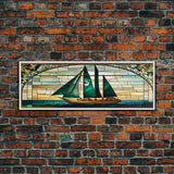 Panoramic Art Deco Sail Boat, Stained Glass, Early 20s Style Art, Roarin' 20s Art, Nautical Theme Framed Canvas Print, Extra Large Art