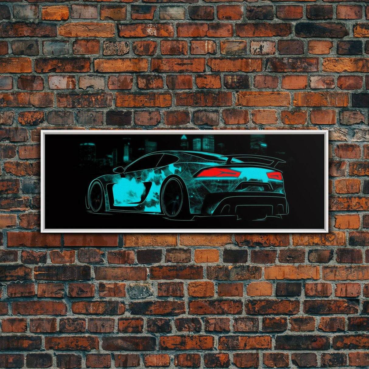 Teal Sports Car,  Abstract Urban Art, Cityscape Art, Dark Night Large Urban Art, City Skyline Wall Art, Panoramic, Wall Art, Canvas Print