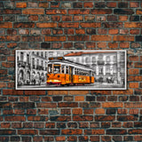 Tram Art, Lisbon Wall Art, Yellow Color Pop, Urban Art Print, Large Print, Vibrant Art, Framed Canvas, Panoramic, Wall Art, Canvas Print