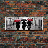 Red And Black Umbrellas, Women Walking On Street, City Art, Wall Decor, Large Urban Canvas Art Print, Panoramic, Wall Art, Canvas Print