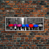 Pink Red Blue Purple Colored Umbrellas, People Walking On Street, City Art, Urban Canvas Art Print, Panoramic, Wall Art, Canvas Print