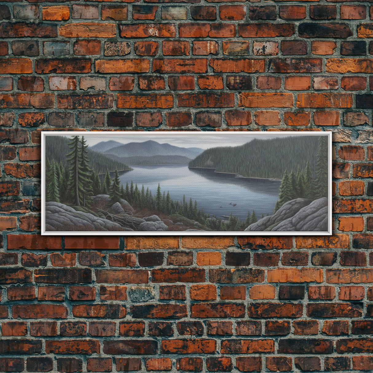 Lake Landscape Wall Art Print, Trees, Mountain, Reflection, Colored Pencil Large Canvas Art Print, Panoramic, Wall Art, Canvas Print