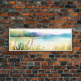 Abstract Nature Wall Art Print, Wildflowers, Lake, River,  Watercolor Art, Large Canvas Art Print, Panoramic, Wall Art, Canvas Print