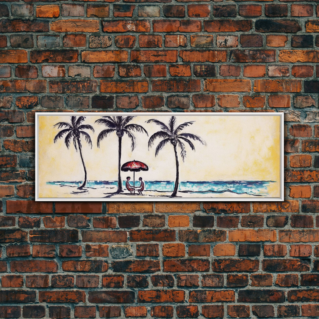 Couple In Beach Scene Art, Minimalist Beach Canvas Art Print, Palm Trees, Canvas Wall Art Beach, Panoramic, Wall Art, Canvas Print