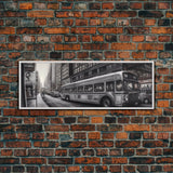 Detailed Street Pencil Sketch Canvas Print, City Wall Art, Bus, Cars, Traffic, Buildings, Urban Art Print, Panoramic, Wall Art, Canvas Print