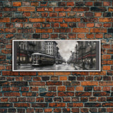 Streetcars In The City Canvas Print, Vintage Art, People On Sidewalk, City Art, Large Urban Art Print, Panoramic, Wall Art, Canvas Print