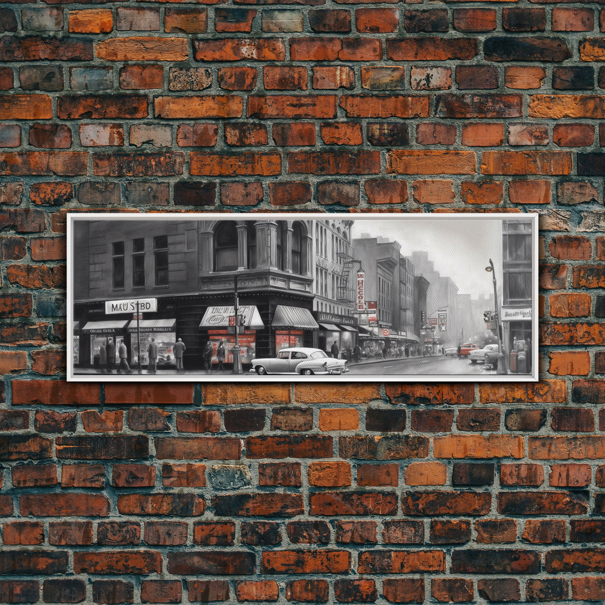 Vintage Cars City Canvas Print, Vintage Art, Buildings, People On Sidewalk, Large Urban Art Print, Panoramic, Wall Art, Canvas Print