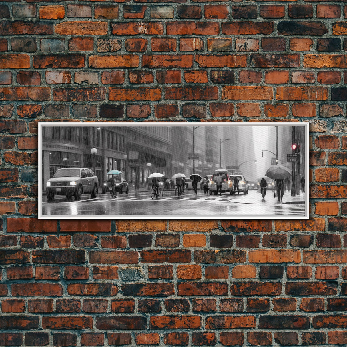 Rainy Day In The City Canvas Print, People With Umbrellas, City Art, Wall Decor, Large Urban Art Print, Panoramic, Wall Art, Canvas Print