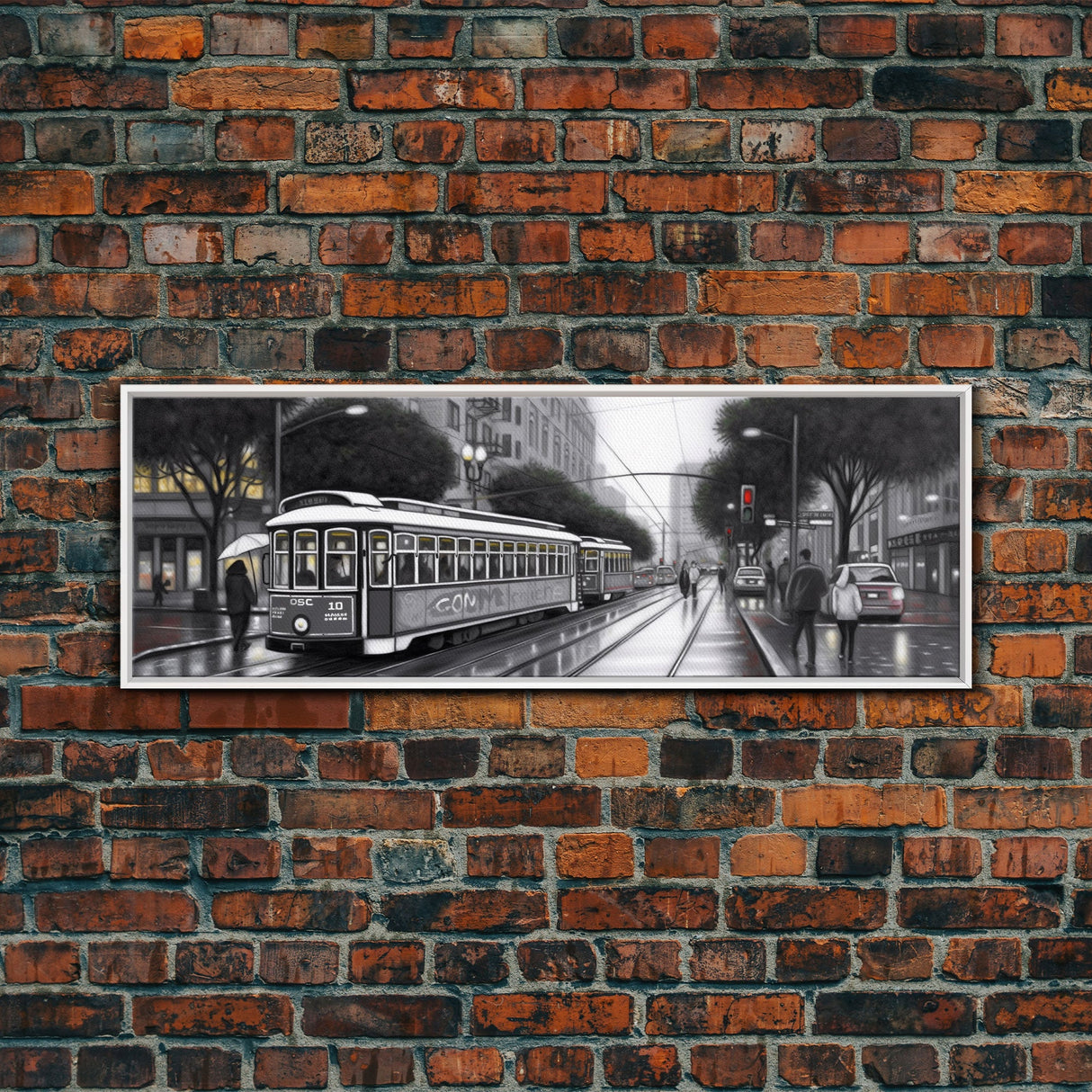 Tram In The City Canvas Print, Large Urban Art Print, City Art, Cityscape, Streetcar Wall Decor, Panoramic, Wall Art, Canvas Print