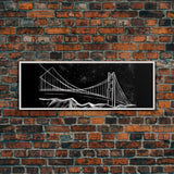 Black And White Suspension Bridge Canvas Print, Large Urban Art Print, Line Art, Chalk Wall Decor, Panoramic, Wall Art, Canvas Print