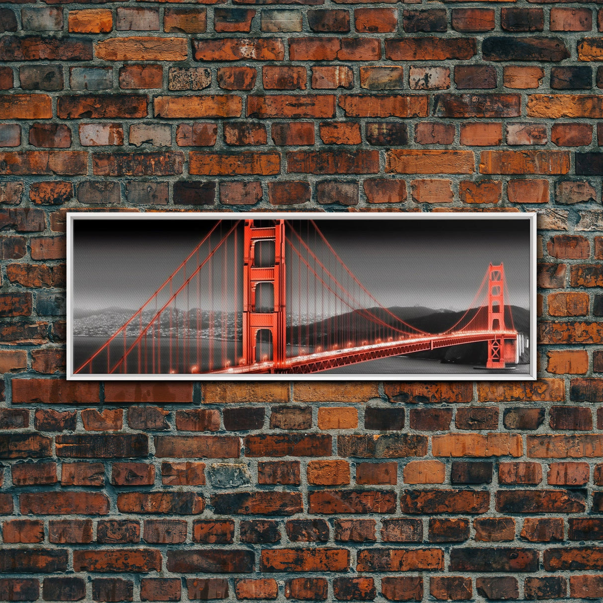 Red Suspension Bridge Canvas Print, Large Urban Art Print, City Lights, Night Scene, Mountain, Panoramic, Wall Art, Canvas Print