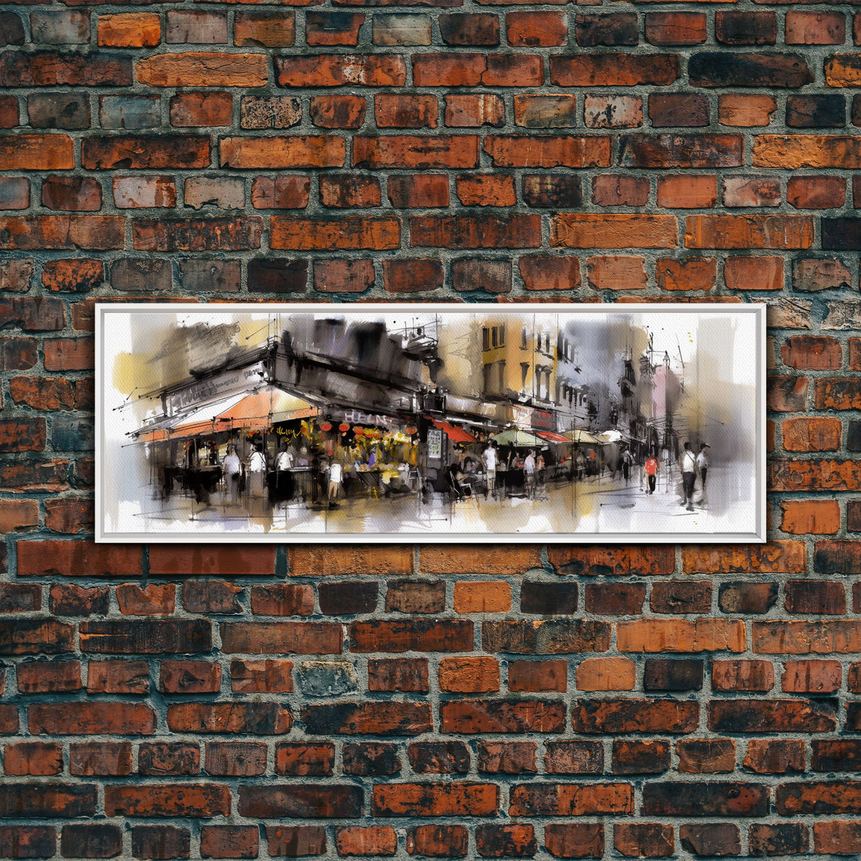 Watercolor Market Wall Art, Abstract Canvas Print, Urban Art, Large Art Print, Framed Canvas Print, Panoramic, Wall Art, Canvas Print