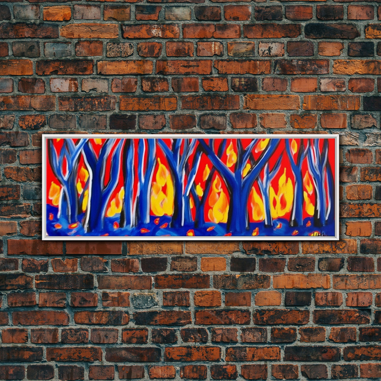 Forest On Fire, Red Flames, Blue Trees, Abstract Forest Art, Canvas Wall Decor, Large Art Print, Panoramic, Wall Art, Canvas Print