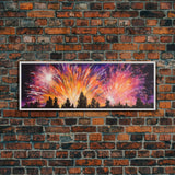 Fireworks Over Forest Canvas Art Print, Woods, Pines Trees, Wall Decor, Framed Large Canvas Print, Panoramic, Wall Art, Canvas Print