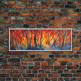 Flames In The Woods Canvas Art Print, Forest Fire, Red Flame, Wall Decor, Framed Large Canvas Print, Panoramic, Wall Art, Canvas Print