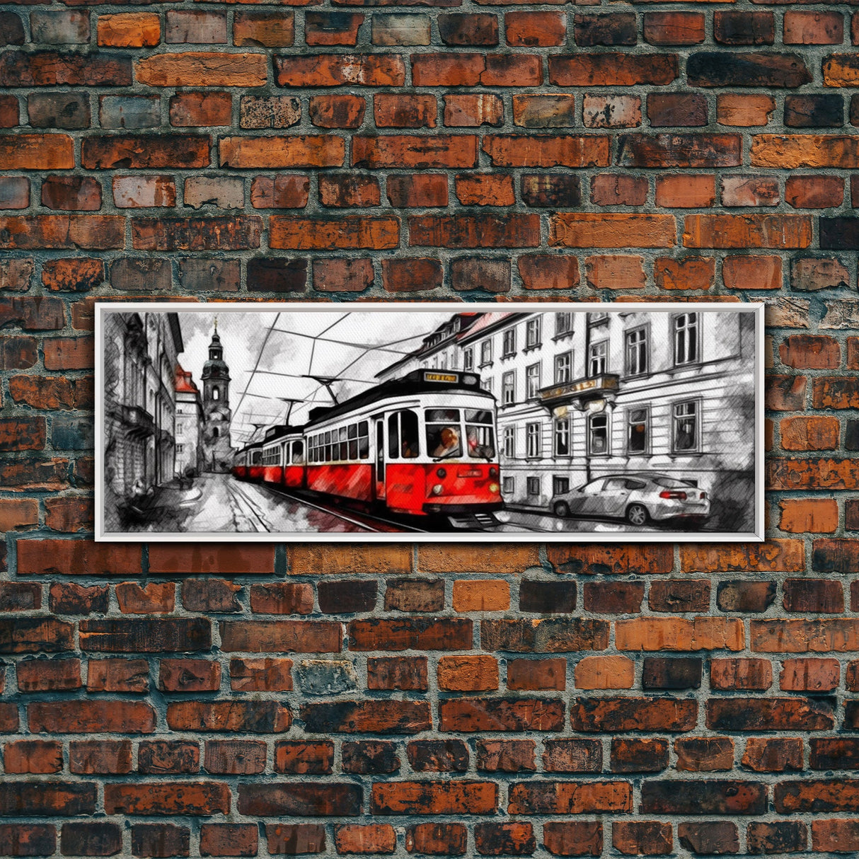 Marker Sketch Wall Art, Streetcar Wall Decor, Bell Tower, Street Art Print, Wall Art Decor, Panoramic, Framed Art, Canvas Print, Landscape